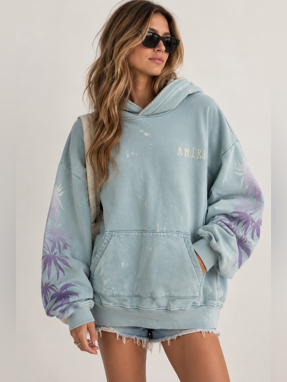 AMIRI Eternal Happiness Palm Tree Oversized Hoodie Blue Distressed